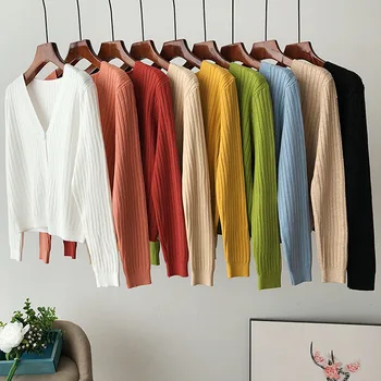 Kadın Sonbahar Uzun Kollu Kazak Hırka Düğme Aşağı Kırpılmış Ceket Tatlı Katı Şeker Renk Gevşek Örme Dış Giyim  10