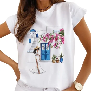 Kadın Tees Tops Yaz Paris Kulesi Parfüm Çiçek Baskı Bayanlar günlük t-shirt Gevşek Kısa Kollu Beyaz Temel Tee Gömlek  10