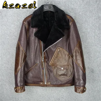 Azazel Kış Ceket Erkek Giyim Hakiki İnek Derisi deri ceketler Motosiklet erkek Giysileri Retro Ceket Erkek Ropa Hombre LXR512  5
