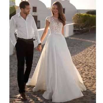 Zarif Bir Çizgi düğün elbisesi 2023 Mat Saten gelin kıyafeti Scoop Cap Kollu Boncuk Dantel Aplike Uzun Gelin Örgün Parti Kıyafeti  10