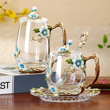 Emaye Şeffaf Cam Kahve Çay Kupa Mavi Güller ısıya dayanıklı Fincan seti Paslanmaz Çelik Kaşık Coaster  10