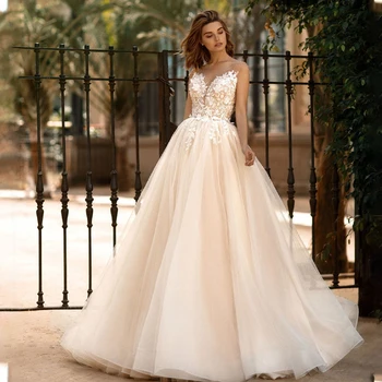 Zarif V Yaka A-line düğün elbisesi Dantel Aplikler Custom Made Tül Abiye Illusion Geri gelin elbiseleri  10