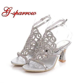 Özel Son Tasarım Bayanlar Yüksek Topuk Ayakkabı Gümüş Rhinestone Tıknaz Topuk Parti Dans Ayakkabıları Hakiki Deri Sandali estivi  5