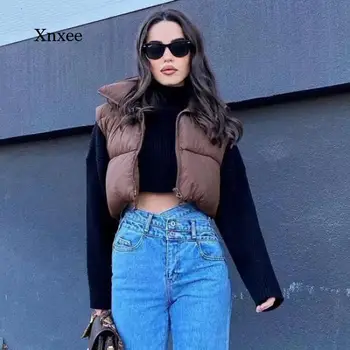 2021 Kış kadın Kahverengi Kolsuz Kısa Yelek Casual Streetwear Fermuar Bayan Ceket Sıcak Yüksek Kaliteli Pamuk Yelek  5