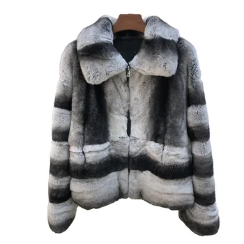 Yeni Kış Tüm Cilt Gerçek Rex Tavşan Kürk Ceket Kadınlar Turn-aşağı Yaka Doğal Kürk Ceket Chinchilla Tavşan Ceketler Hakiki  4