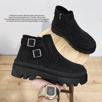 Yeni Siyah Kalın Satılan Orta Üst Çizmeler Erkekler Sonbahar İngiliz Trend Çizmeler Yüksek Top Kore rahat erkek ayakkabıları Botları  5