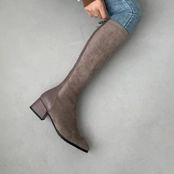 Dikiş Mikrofiber Kalın Topuk kadın Diz Boyu Çizmeler Kare Ayak Peluş Astar Kış Sıcak Çizmeler Çorap Ve Ayakkabı 2023 Akın  5