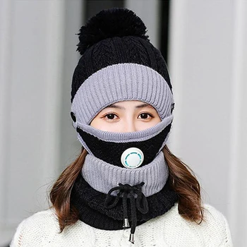 3 Adet / takım Kış örgü şapkalar Kadınlar İçin Solunum Maskesi İle Şapka Kış Kürk Eklemek Sıcak Kız 2in1 Çizgili Şapka koruyucu bone Moda  10