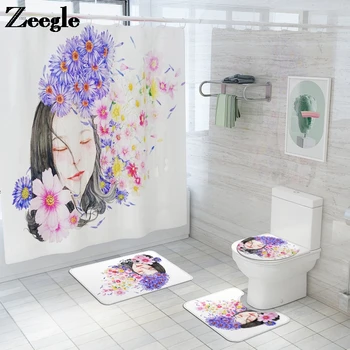 Baskılı Güzellik Kız Banyo Paspas ve Duş perde seti Emici tuvalet paspası seti Kaymaz Banyo Paspas Çiçek duş halıları  5