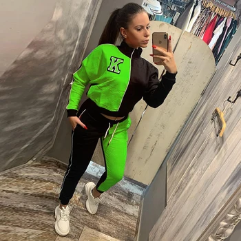 Mektup Baskı Renk Bloğu 2 Adet Set Kadın Spor Eşofman Uzun Kollu Kazak ve Egzersiz Sweatpant Jogger Spor Rahat Seti  10
