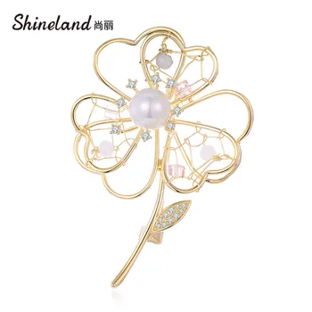 Shineland Bayanlar Simüle İnci Metal İçi Boş Çiçek Broş Pin Hırka Gömlek Şal Pin Ceket Rozeti Kadınlar Takı Aksesuarları  0