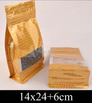 14*24 + 6 cm Standup altın kilitli plastik torba, altın Kilitli düz alt feryat cep çanta pencere plastik ambalaj çanta, 100 adet / grup  10
