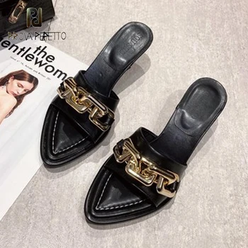 Yaz Sivri Burun Siyah Metal Zincir Stiletto Terlik Yeni Açık parmaklı Deri Moda Bayanlar yüksek topuklu sandaletler ve terlikler  5