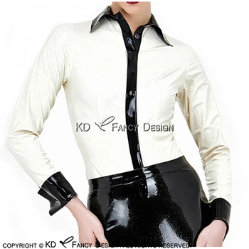 Beyaz Ve Siyah Seksi Lateks Gömlek Düğmeleri İle Ön Uzun Kollu Turn Down Yaka Kauçuk Bluz Üst Giyim YF-0118  10