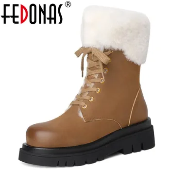 FEDONAS 2023 Kadın yarım çizmeler Açık Eğlence Ofis Bayanlar Hakiki Deri Kalın Topuklu yün ayakkabı Kadın Kış sıcak Kar Botları  5