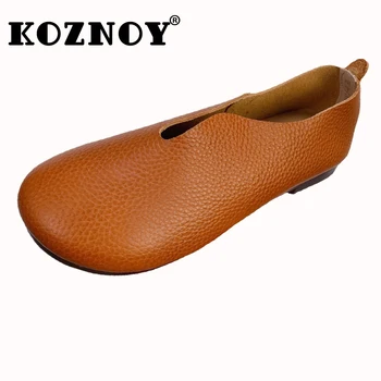 Koznoy 1.5 cm Retro Etnik Hakiki Deri Sonbahar Rahat Kadın Oxford Soled Flats Eğlence Muhtasar Nefes Ayakkabı üzerinde Kayma  5