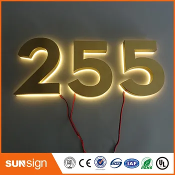 H 20cm Özel Altın rengi fırçalanmış metal ev numaraları sıcak beyaz LED ev numaraları  0