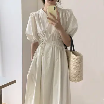 Beyaz Kore Moda Midi Elbise Kadınlar Chic Zarif V Yaka Çapraz Dantel-Up Katı Puf Kollu rahat elbise Yaz Tek parça Bayanlar  5