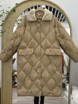Kış şişme ceket kadınlar Kore Versiyonu Orta Uzun Elmas Ekose Süet Yaka Beyaz Ördek uzun kaban Sıcak Casual Dış Giyim  5