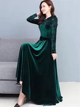 Zarif Altın Kadife Elbise Kadınlar İçin İlkbahar Sonbahar Kış 2023 Yeni Uzun Kollu High-End Moda Dipli Orta Uzunlukta Elbise T1629  5
