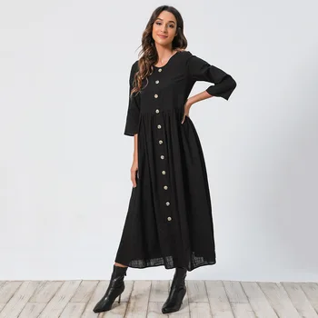 Zarif Rahat uzun elbise Güz 2021 Yeni Moda İnce O Boyun Uzun Kollu Tek Düğme siyah elbise Mütevazı Şık Kadın Vestidos  5