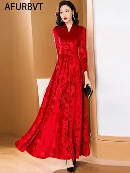 Kadın Sonbahar Kış Zarif Kadife Maxi Elbise Vintage Uzun Kollu Örtü Ofis Parti Robe Femme Tasarım Elbise Traf Kırmızı  5