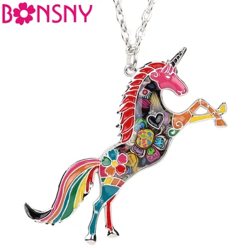 Bonsny Bildirimi Metal Emaye At Unicorn Kolye Kolye Yaka Gerdanlık Hayvanlar Charm Zarif Takı Kadın Kız Hediyeler Için  10