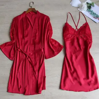 Dantel Saten Pijama Düğün Robe Elbise Seti Twinset Gelin Bornoz Chemise Gecelik Takım Nedime Sabah Samimi Iç Çamaşırı  11