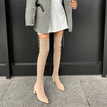 Seksi Yüksek Çizmeler Kadın 2022 Kış Yeni Moda Diz Üzerinde Sıcak Botas Mujer Süet Lace Up Pompaları Çorap yüksek topuklu ayakkabı Botları  4