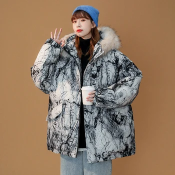 Batik Baskı Parkas Kadınlar Kış Kalınlaşmak Kürk Yaka Kapşonlu Ceket Rüzgar Geçirmez Dış Giyim Pamuk Yastıklı sıcak tutan kaban Boy Parka  10