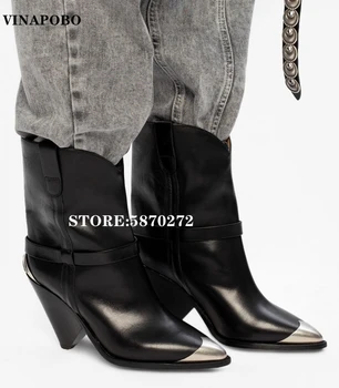 VİNAPOBO Hakiki Deri yarım çizmeler Kadın Metal Sivri Burun Perçin Püskül Garip Yüksek Topuk Çizmeler Kadın Moda Martin Çizmeler 2020  5