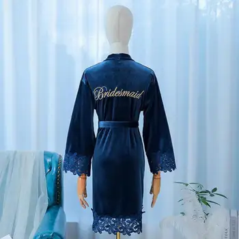 Gelin Nedime Düğün Elbise Kadife Kimono Kıyafeti Dantel Patchwork Kadın Pijama Gecelik Yumuşak Bornoz Samimi İç Çamaşırı  4