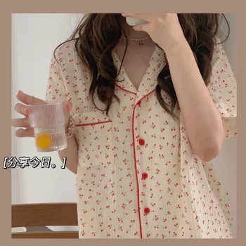 Kadın Pijama Yaz Pamuklu Pijama Kore Kız Sevimli Baskı Pijama Gevşek Yaka Pijama Artı Boyutu 2 Parça Set Kawaii Ev Takım Elbise  5