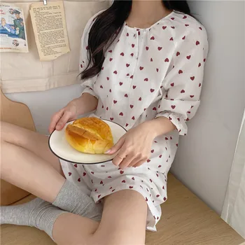 Kalp Baskı Yaz Pijama Seti Kadın Kore Kawaii Pijama Seti İki Parçalı Gömlek + şort takımı Pamuklu Rahat Ev Giysileri Gecelik  5