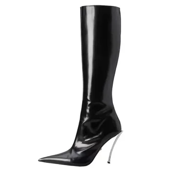 GCYFWJ 2022 Yeni Kadın Sivri Burun Çizmeler Kadın Diz Yüksek Zip İnce Topuk Patent Deri Siyah Yüksek Topuklu Ayakkabılar Seksi Bayanlar Çizme  5