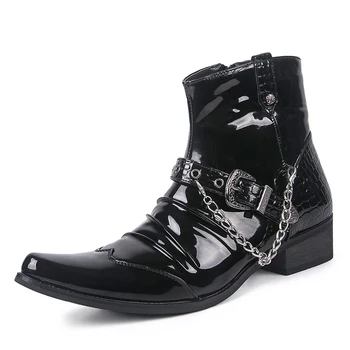 Kore tarzı erkek lüks moda punk motosiklet boots patent deri ayakkabı sivri burun oxfords ayakkabı siyah ayak bileği bota masculina  4