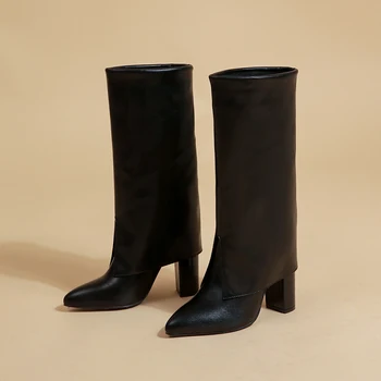 2022 Yeni Kadın 10.5 cm Yüksek Topuklu Orta Buzağı Çizmeler Bayan Fetiş Blok Topuklu Deri Siyah Uzun Çizmeler Platformu Podyum Striptizci Ayakkabı  5