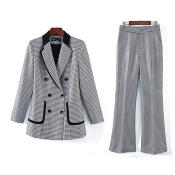 Kadın Ceket Pantolon Takım Elbise Seti 2 Adet İş Ofis Bayanlar resmi giysi Gri Ekose Sonbahar Kış Blazer  10