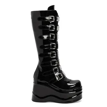 Gnazhee Kış Serin Takozlar Topuklu Yüksek Platform Çizmeler Motosiklet Çizme Cadılar Bayramı Cosplay Goth Ayakkabı kadın ayakkabısı Diz Yüksek  10