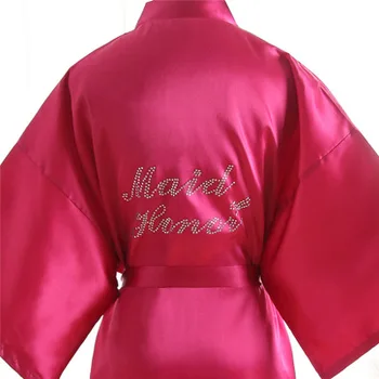 Kadın Ipek Saten Düğün Nedime Elbiseler Hizmetçi Onur Ile Sıcak Rhinestone Katı Bornoz Kısa Kimono Gece Elbise Sabahlık  4