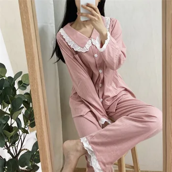 Pijama Kadın Uzun Kollu Kız Pijama Moda Dantel Katı Pjs Yumuşak Kadın İki Parçalı Set Pijama Loungewear Turn - aşağı Yaka  10