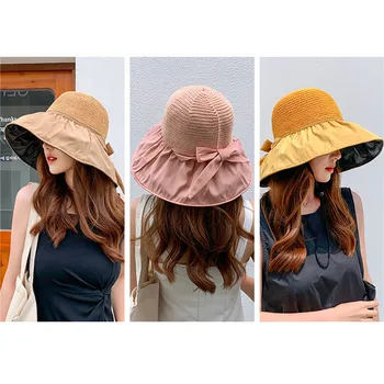 Yaz Büyük Ağız Kova Şapka Kadınlar İçin Örgü Örgü Kubbe Anti UV 50 + Güneş Koruyucu güneş şapkaları Katlanır Açık Plaj Kapaklar Seyahat Panama Kap  10