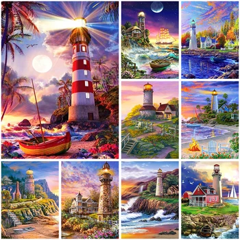 Diy Elmas Boyama Manzara Deniz Feneri Elmas Nakış Sahil 5d Çapraz Dikiş Mozaik Resim Ev Dekorasyon Hediye  10