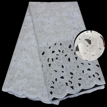 (5 yards / pc) yüksek kaliteli el kesim Afrika pamuk dantel kumaş beyaz gümüş taşlar sabit İsviçre dantel kumaş parti elbise için OP43  5