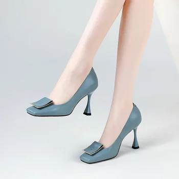 2022 Bayan Kare Ayak Kare Toka Hakiki Deri Stilettos Yüksek Topuk Ayakkabı Pompaları OL Seksi 3 Renkler Yeni 2022  5