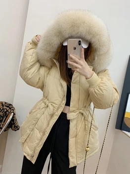 FTLZZ Kış Kadın Büyük Gerçek Kürk Yaka Kapşonlu fermuarlı ceket 90 % Beyaz Ördek uzun kaban Rahat Gevşek İpli Kalın Dış Giyim  5