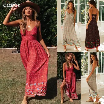 COZOK Bohemian Baskı Çiçek Spagetti Kayışı Bayan Resmi Parti Elbise Ipek Pilili Sabahlık Yaz Yeni Uzun Günlük Elbiseler  5