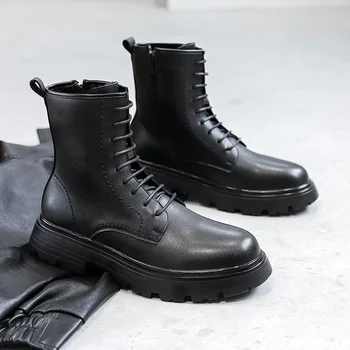 erkekler rahat yüksek motosiklet botları siyah hakiki deri ayakkabı kovboy askeri postal yakışıklı platformu uzun botas hombre zapatos  5