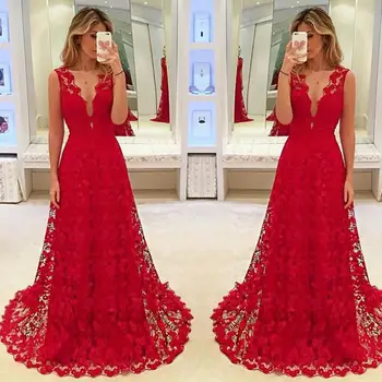Zarif Kadın Derin V Yaka Çiçek dantel kesik dekolte Uzun Maxi Elbise Akşam Örgün Parti Balo Balo Kırmızı Vestido  5