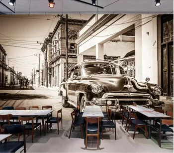 Özel 3D duvar kağıdı fotoğraf duvar retro nostaljik siyah ve beyaz sokak klasik araba otel restoran duvar arka plan duvar  10